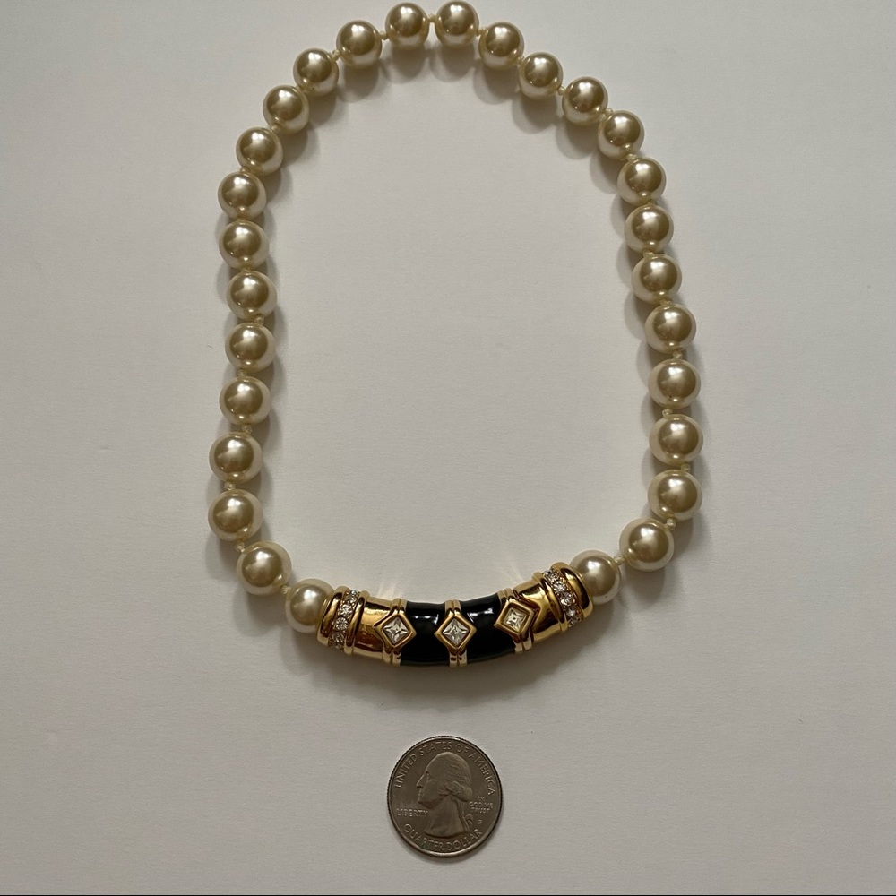 SWAROVSKI NECKLACE CHOKER PEARLS GOLD BLACK ENAMEL CRYSTALS 17” STATEMENT - Picture 5 of 12